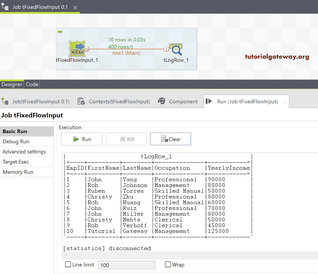 Talend tFixedFlowInput Result