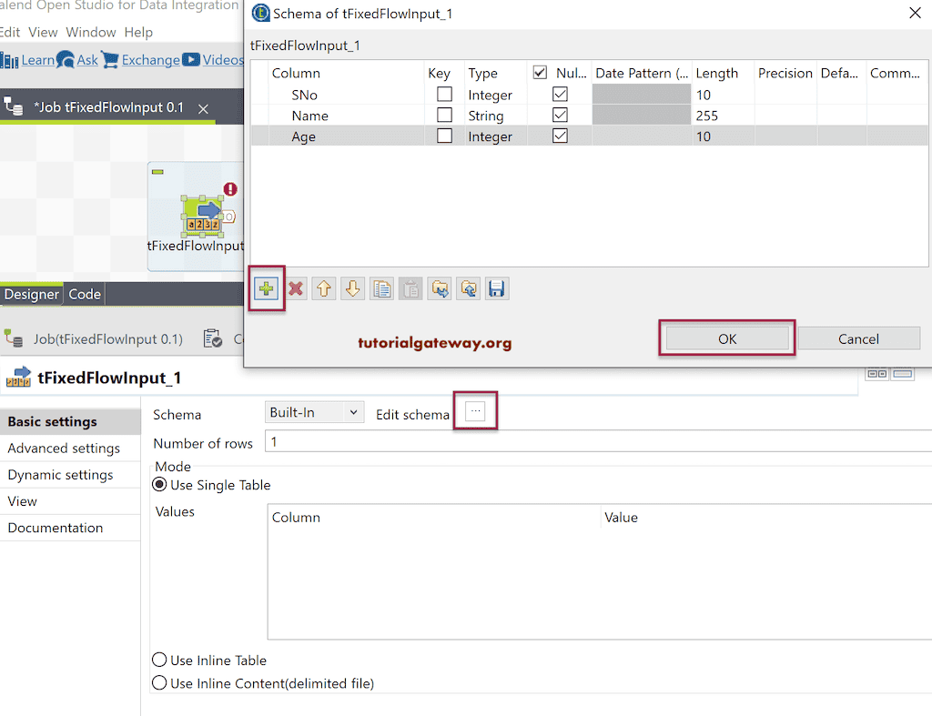 Talend tFixedFlowInput Properties