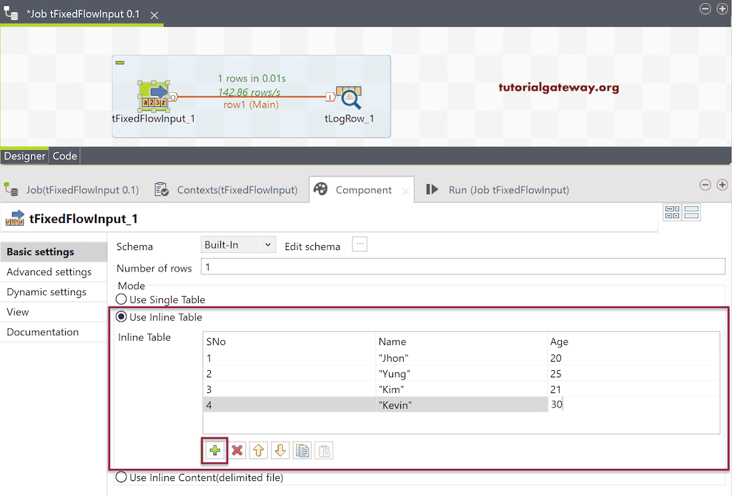 Talend tFixedFlowInput Inline Table Option