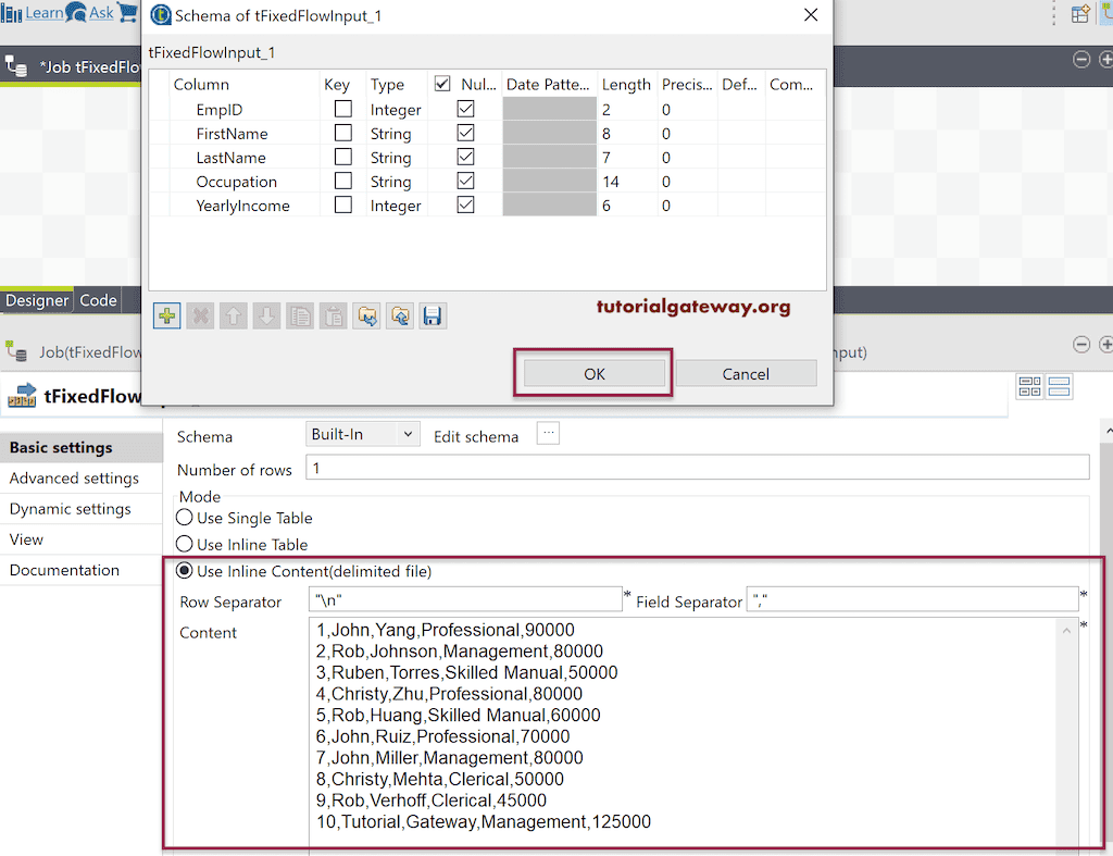 Talend tFixedFlowInput Content input