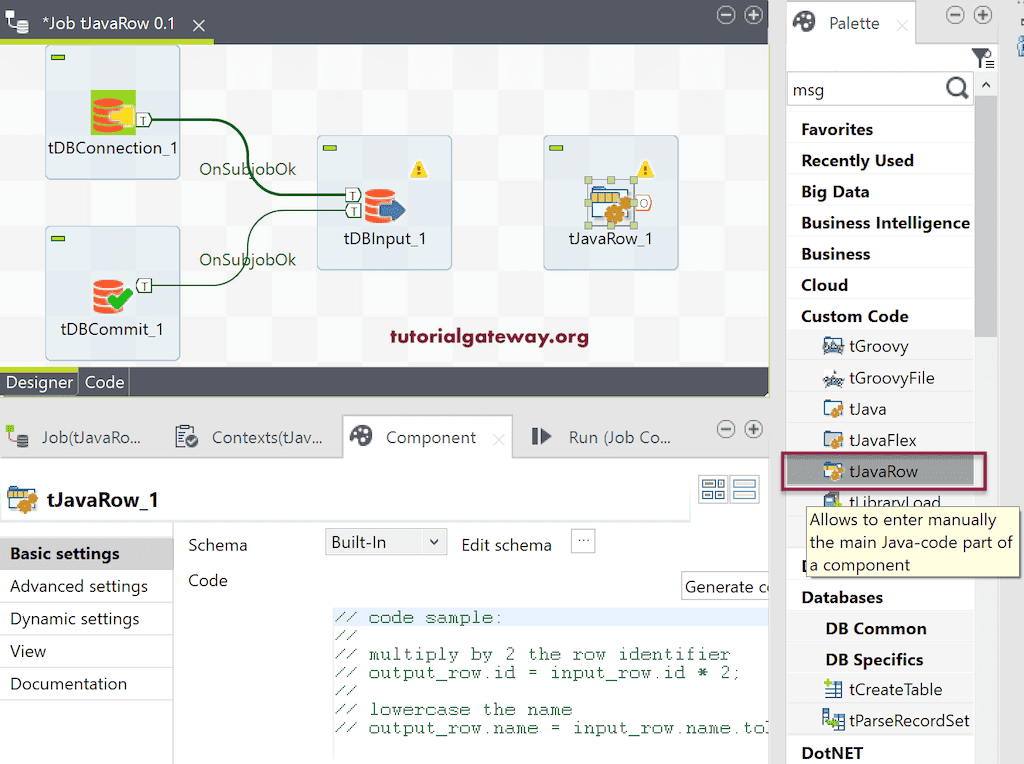 Add Talend tJavaRow to the Workflow
