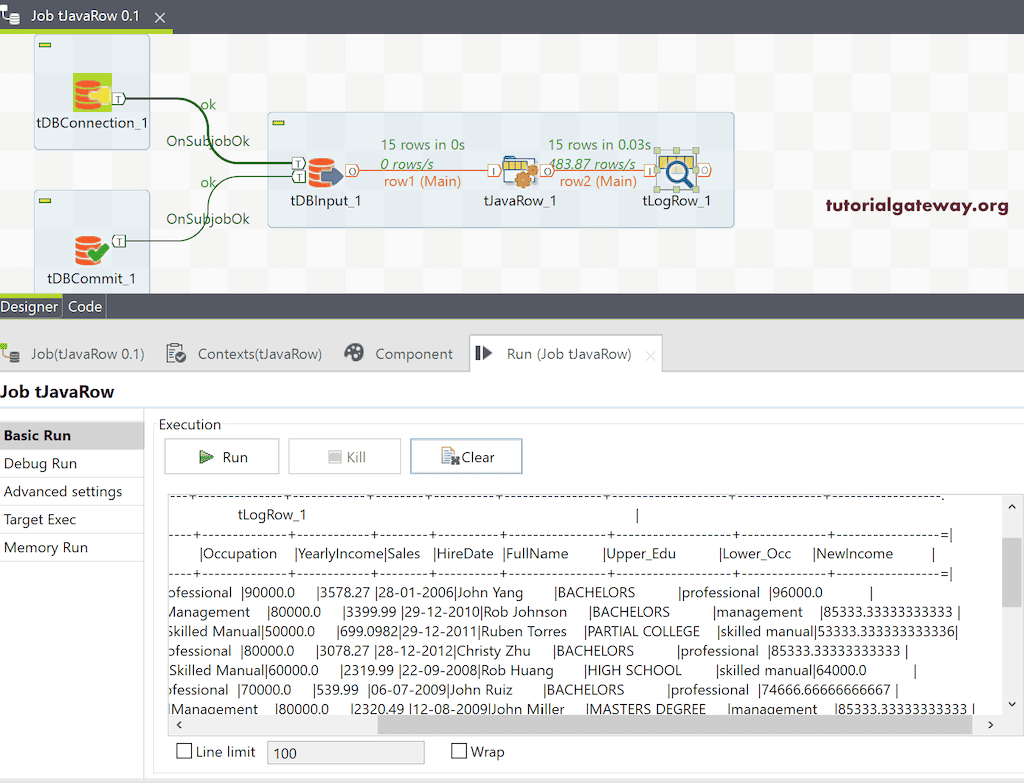 Run the tJavaRow tool Job