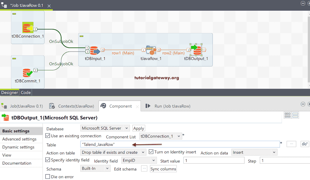 Configure tDBOutput output table