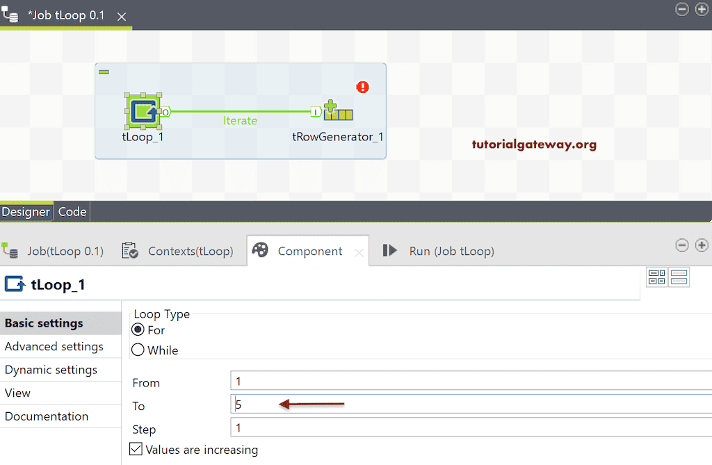 Talend tLoop configuration of For loop