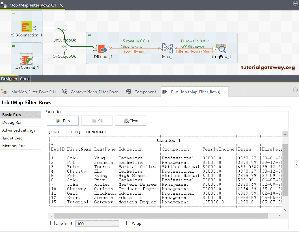 Run the Talend tMap Job to Filter Rows