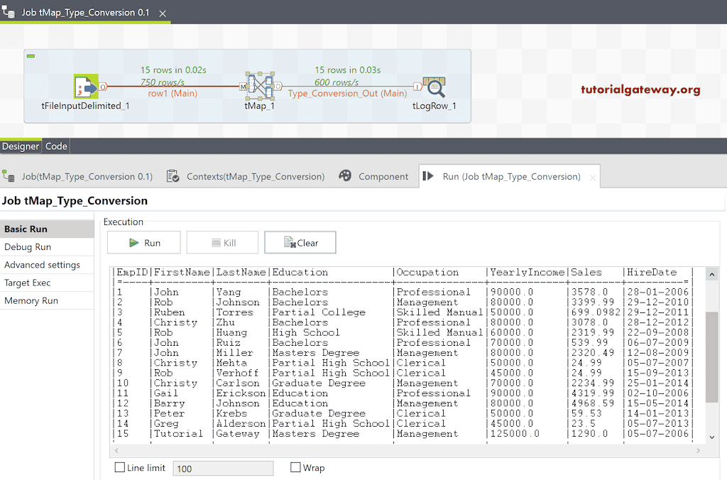 Run the Talend tMap Job to perform Type Conversion