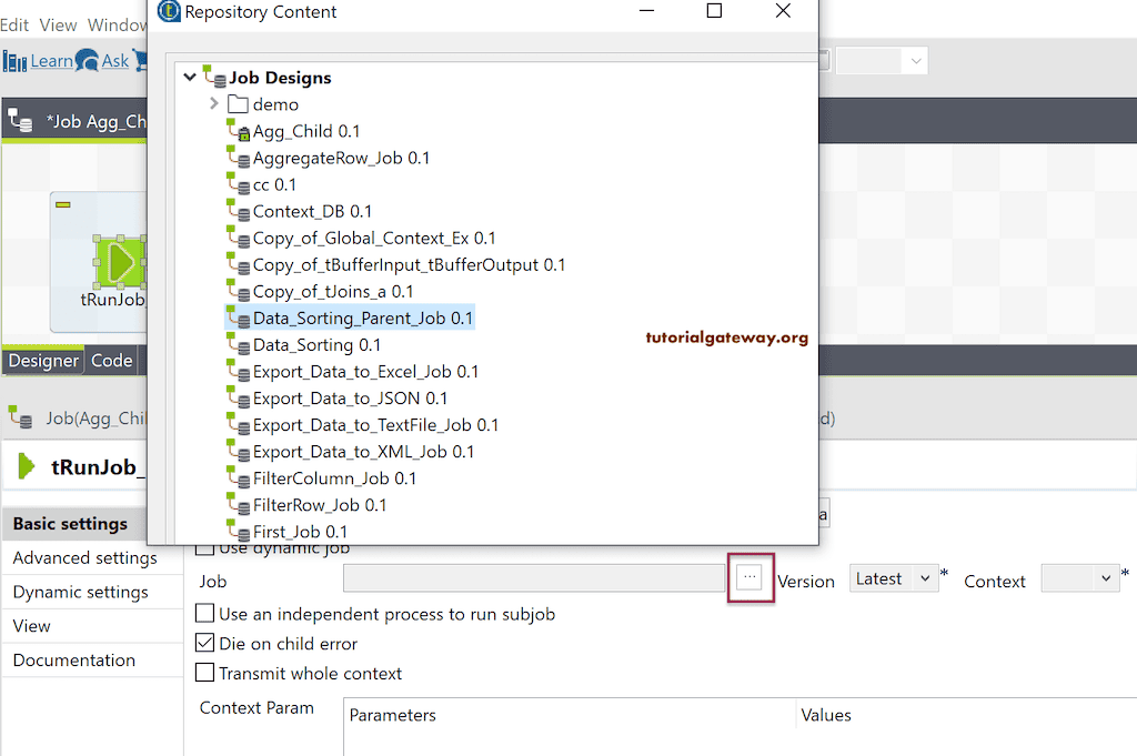 Choose the Parent Job from the Repository Content