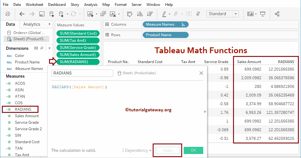 Tableau radians Function 14