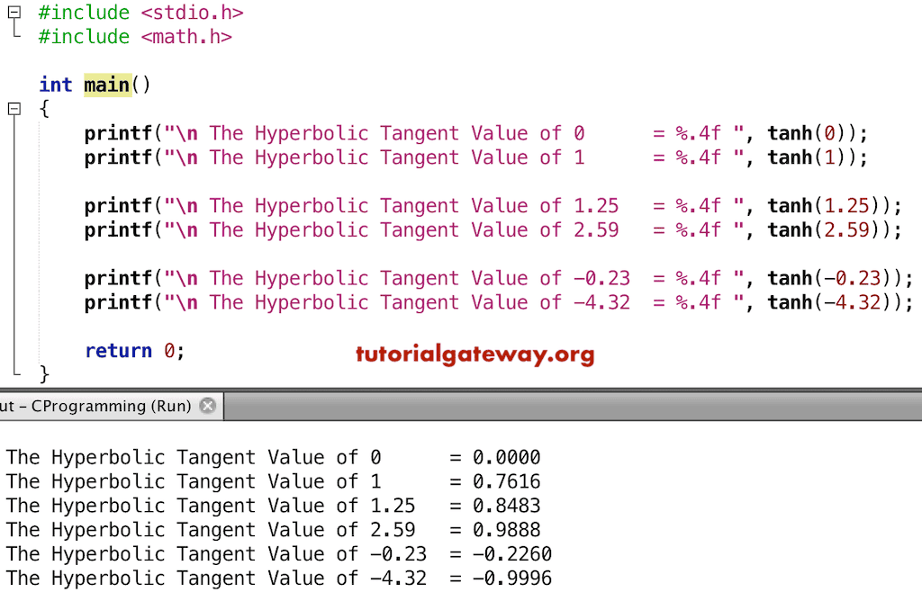 tanh function to find the Hyperbolic Tangent Example