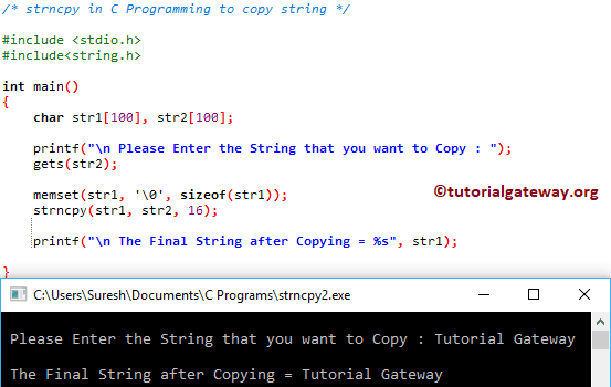 strncpy in C Programming Language to copy a string
